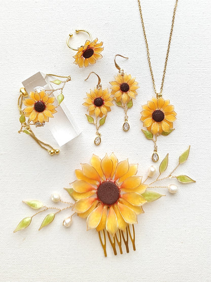 Sunflower Jewellery Set with Crystals and Leaves