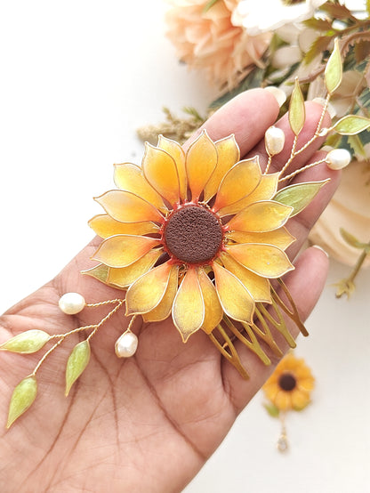 Handmade Sunflower Hair Comb Bridal Hair Piece with Pearls and Leaves