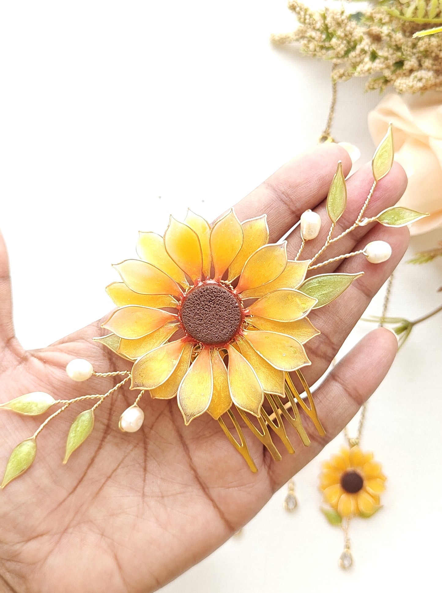 Handmade Sunflower Hair Comb Bridal Hair Piece with Pearls and Leaves