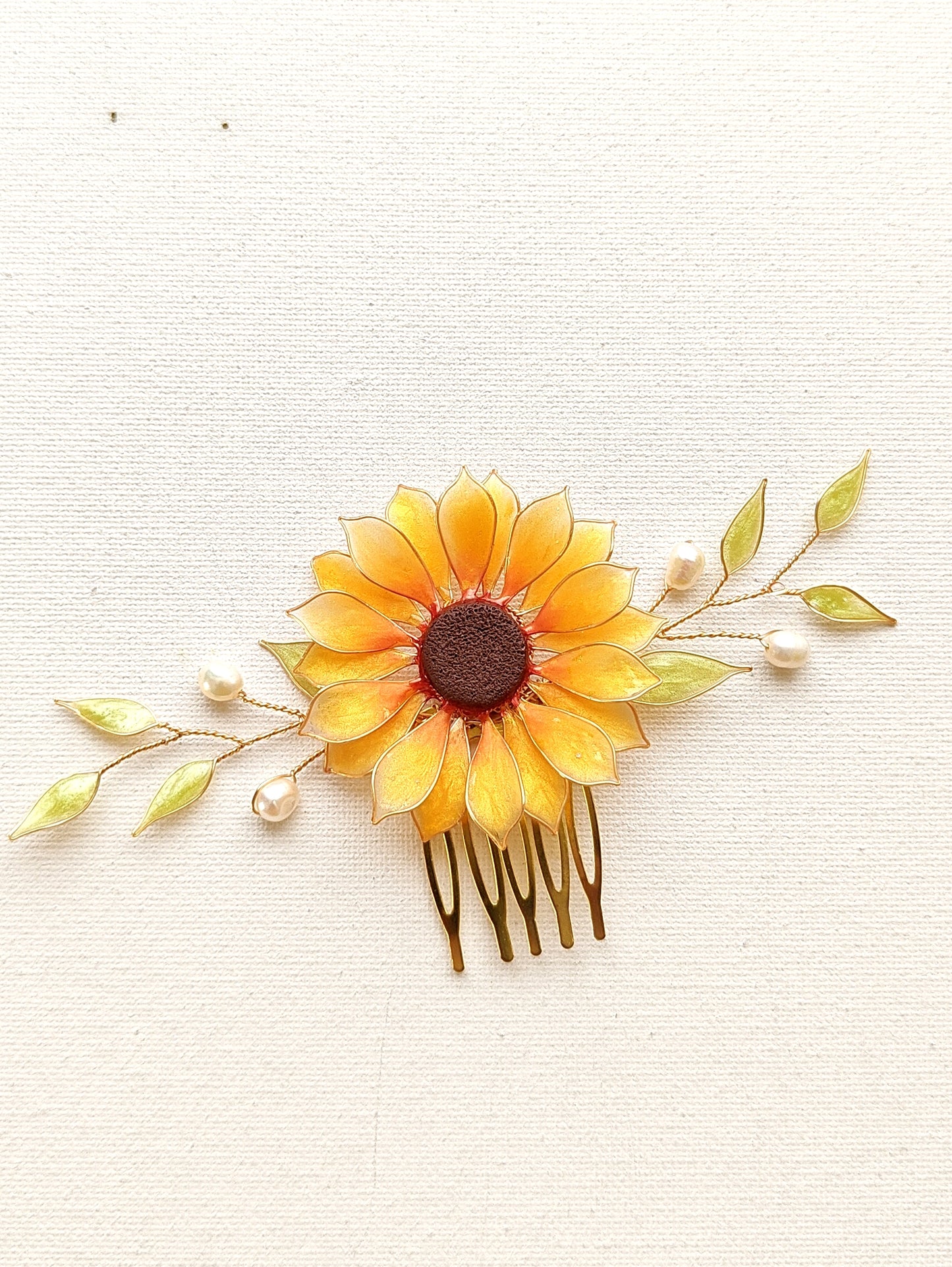 Handmade Sunflower Hair Comb Bridal Hair Piece with Pearls and Leaves