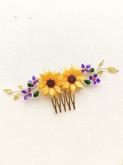 Handmade Sunflower Hair Comb Bridal Hair Piece with purple hydrangea