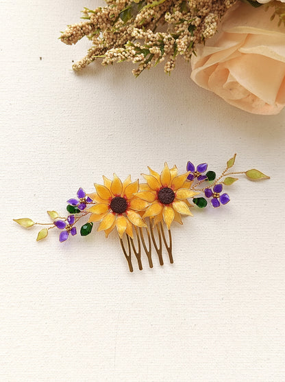 Handmade Sunflower Hair Comb Bridal Hair Piece with purple hydrangea