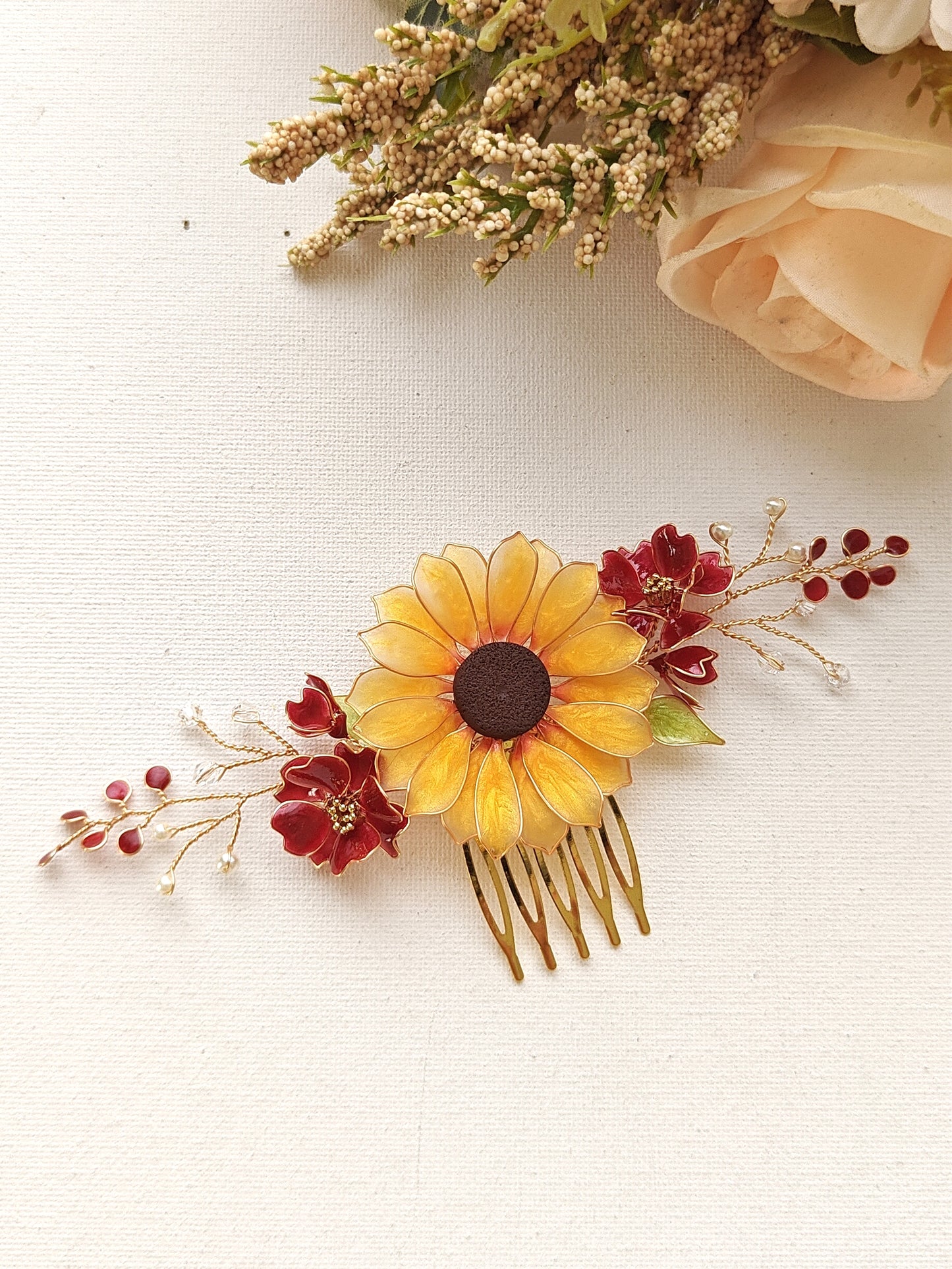 Sunflower Hair Comb Bridal Hair Piece with burgundy flowers