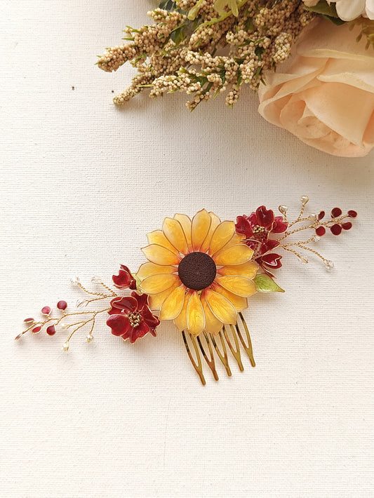Sunflower Hair Comb Bridal Hair Piece with burgundy flowers