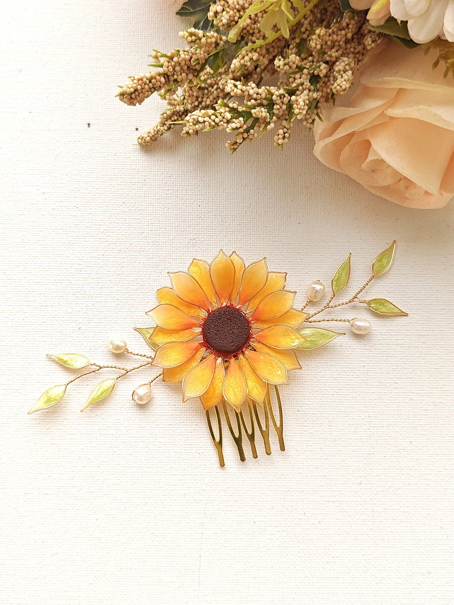 Handmade Sunflower Hair Comb Bridal Hair Piece with Pearls and Leaves