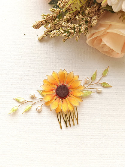 Handmade Sunflower Hair Comb Bridal Hair Piece with Pearls and Leaves