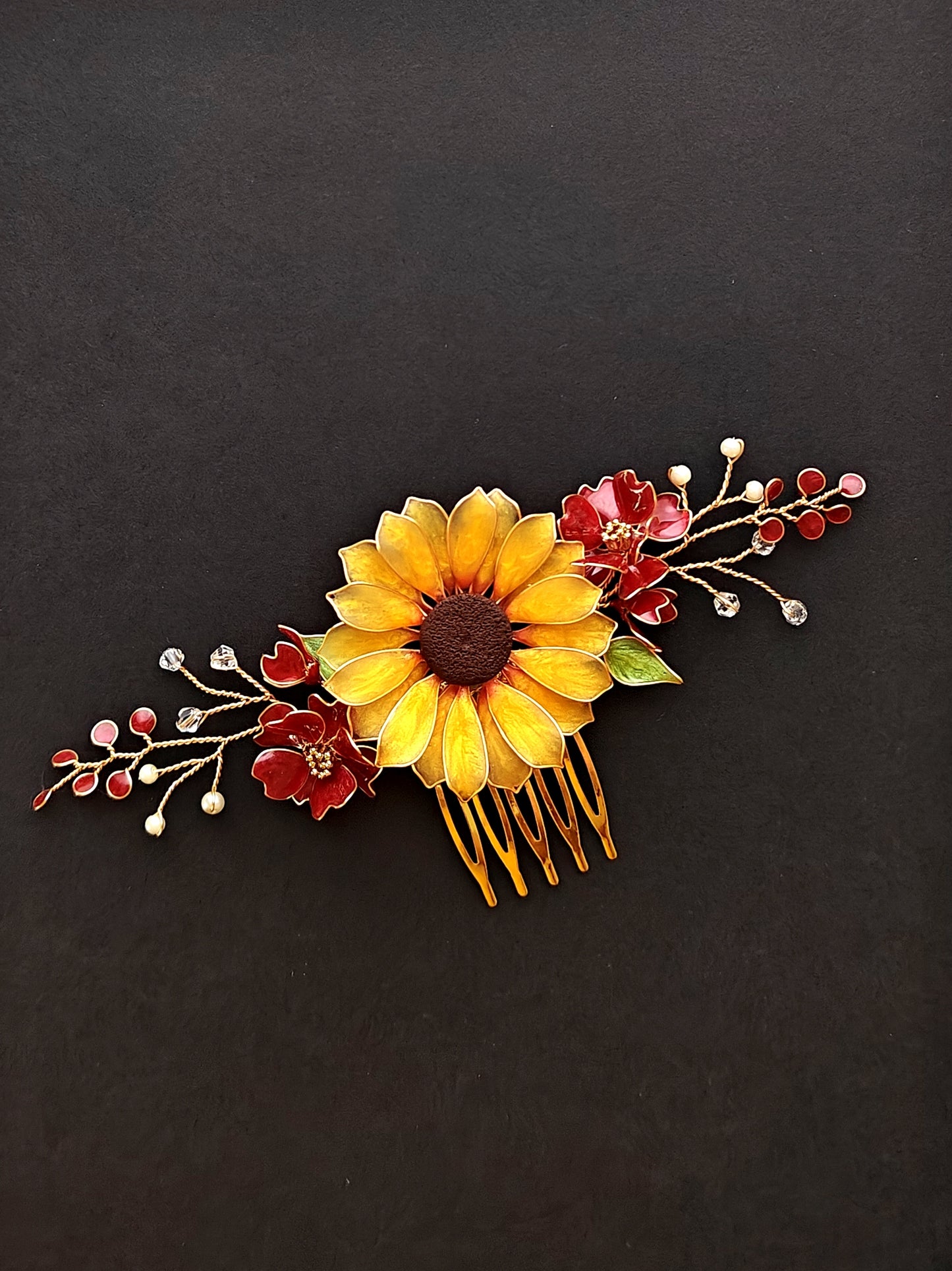 Sunflower Hair Comb Bridal Hair Piece with burgundy flowers