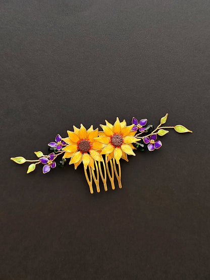 Handmade Sunflower Hair Comb Bridal Hair Piece with purple hydrangea