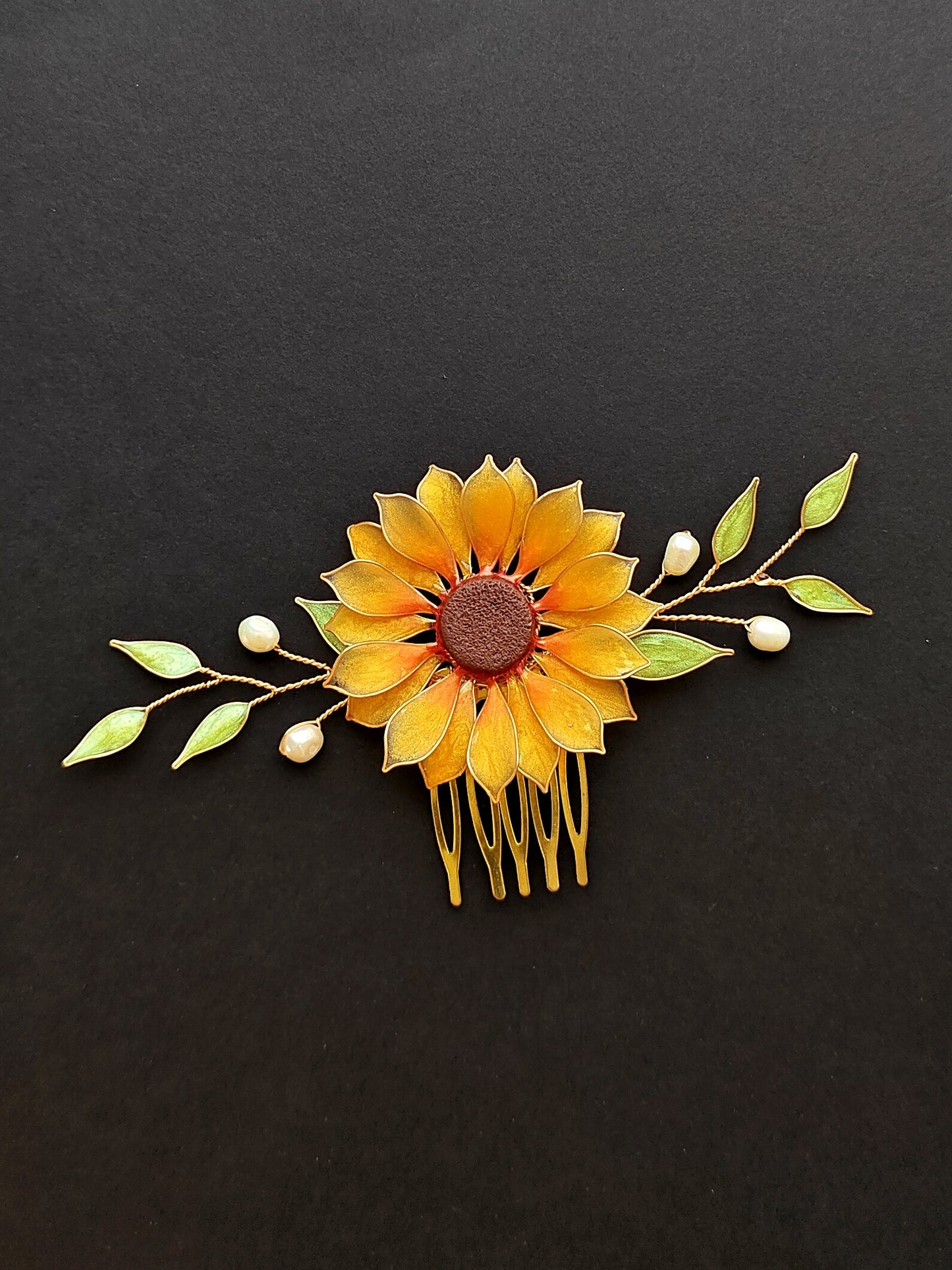 Handmade Sunflower Hair Comb Bridal Hair Piece with Pearls and Leaves