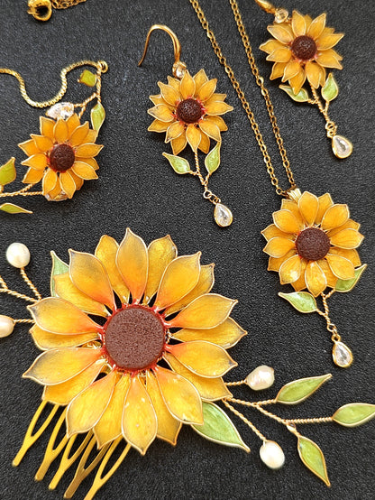 Sunflower Jewellery Set with Crystals and Leaves