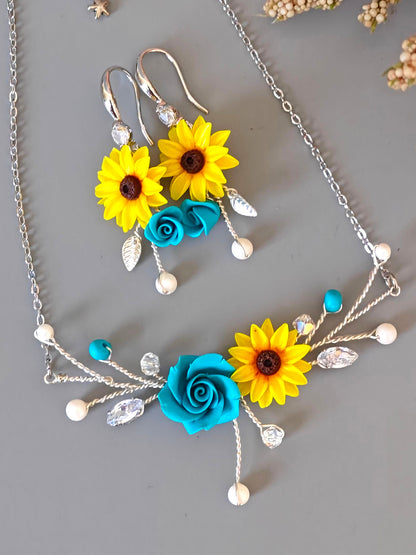 Handmade Sunflower & Blue Rose Jewelry Set – Necklace, Earrings & Hair Comb | Bridal Floral Jewelry