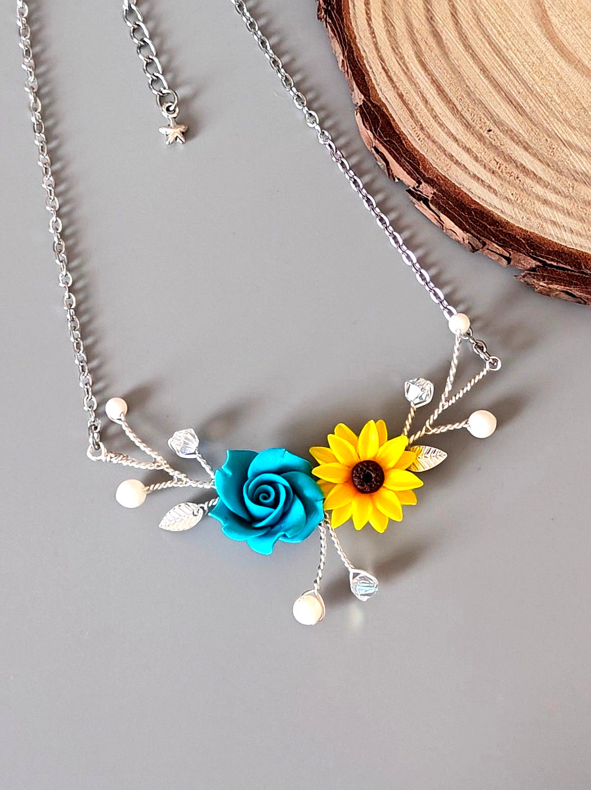 Handmade Sunflower & Blue Rose Jewelry Set – Necklace, Earrings & Hair Comb | Bridal Floral Jewelry