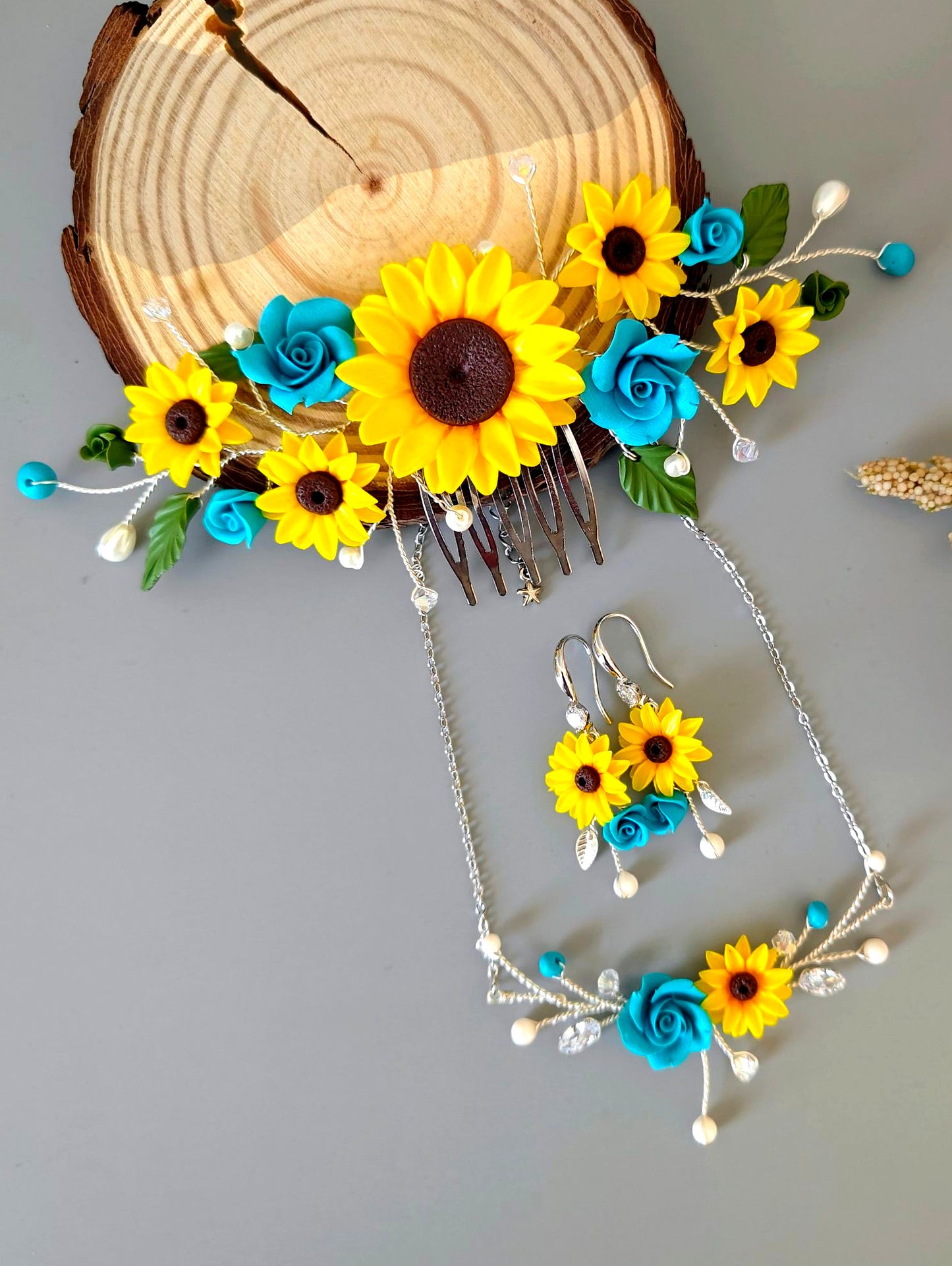 Handmade Sunflower & Blue Rose Jewelry Set – Necklace, Earrings & Hair Comb | Bridal Floral Jewelry