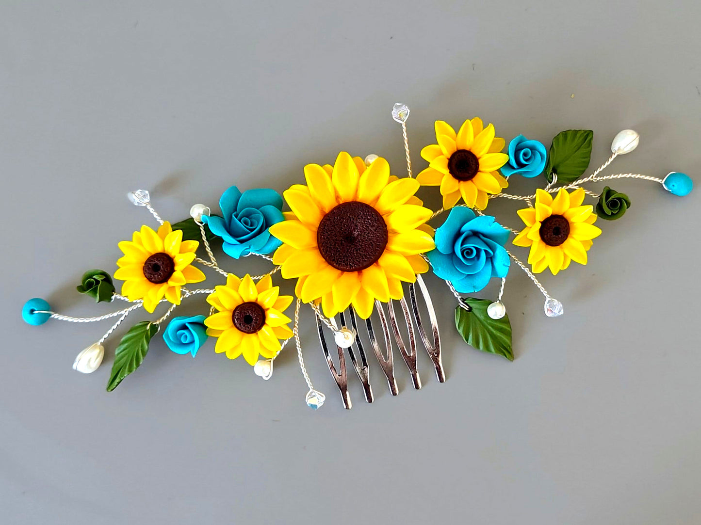 Handmade Sunflower & Blue Rose Jewelry Set – Necklace, Earrings & Hair Comb | Bridal Floral Jewelry