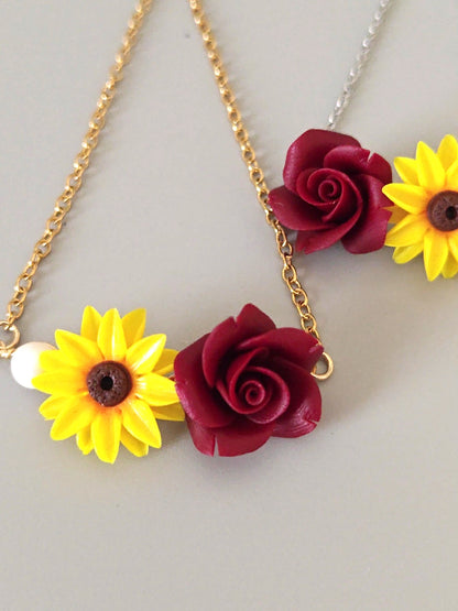 Handmade Sunflower and Burgundy Rose Bracelet