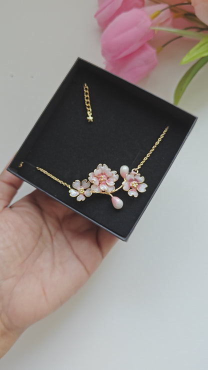 Cherry Blossom Floral Necklace | Handmade Sakura Bridal Jewelry in Blush Pink