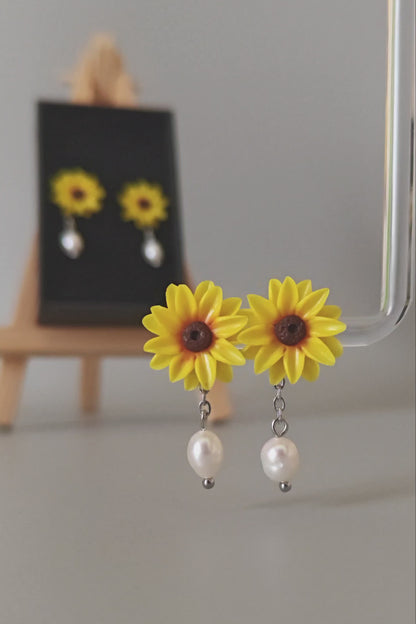 Handmade Sunflower Pearl Earrings | Floral Drop Earrings for Women