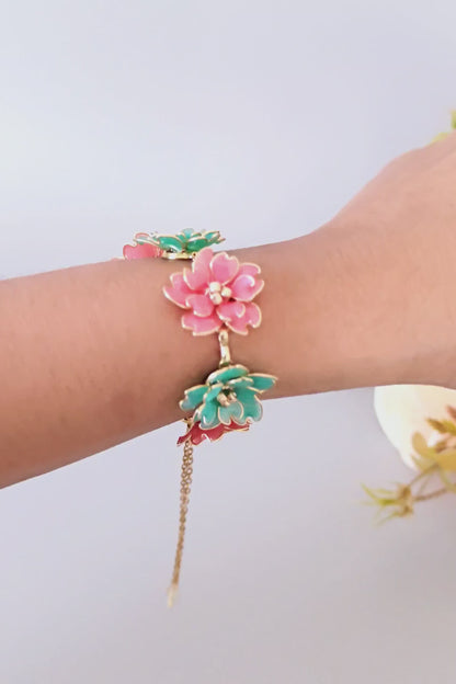 Handmade Floral Bridal Jewelry Set in Pink & Teal – Necklace Earrings Bracelet Ring Hair Accessory