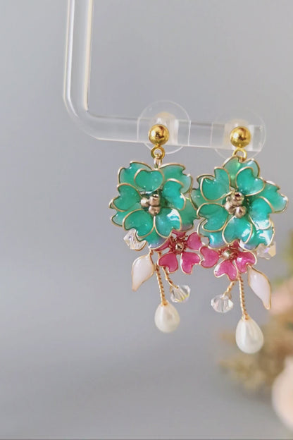 Handmade Floral Earrings in Pink & Teal – Gold Bridal Flower Earrings with Pearls