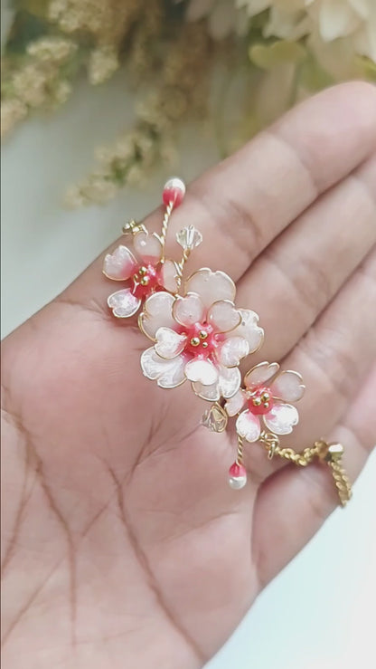 Handmade Cherry Blossom Jewelry Set | Floral Pendant Necklace, Stud Earrings, Ring & Bracelet
