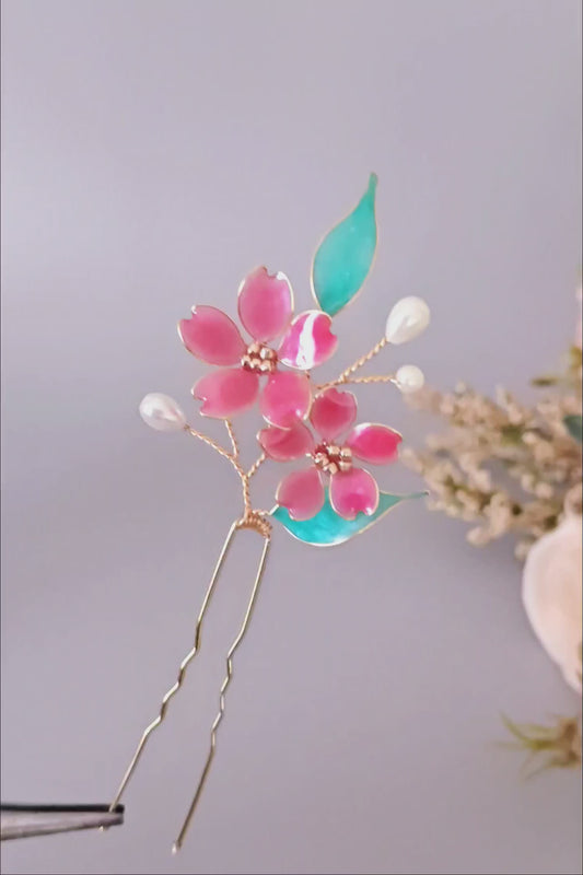 Set of 3 Hair Pins - Handmade Floral Hair Accessory in Pink & Teal – Gold Bridal Flower Hair Piece