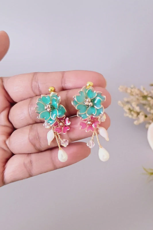 Handmade Floral Earrings in Pink & Teal – Gold Bridal Flower Earrings with Pearls