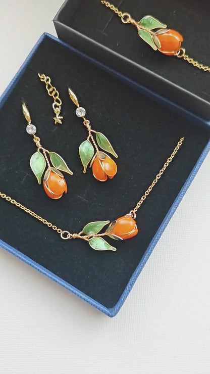 Handmade Orange Tulip Jewelry Set with Necklace, Earrings & Bracelet | Floral Wire & Resin Set
