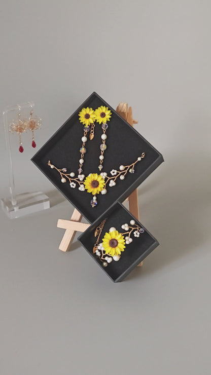 Handmade Sunflower Jewelry Set with Necklace & Earrings | Floral Pearl Jewelry Set