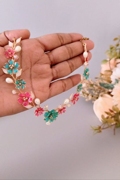 Handmade Floral Bridal Jewelry Set in Pink & Teal – Necklace Earrings Bracelet Ring Hair Accessory