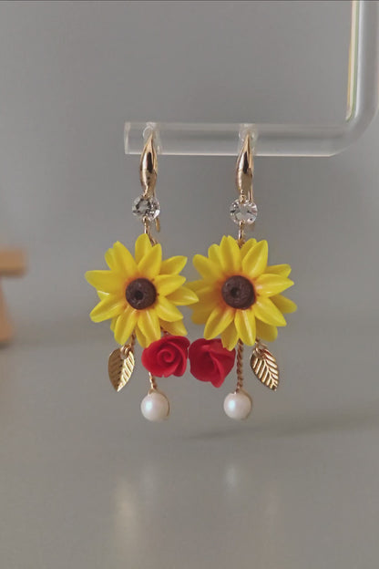 Handmade Sunflower and Rose Earrings with Pearl Drop | Floral Dangle Earrings