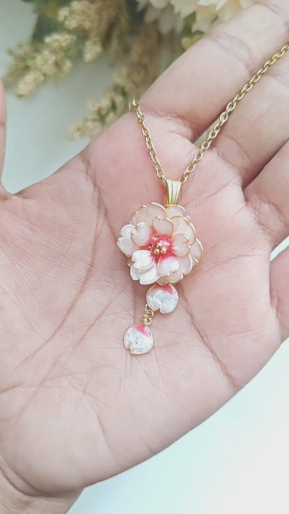 Handmade Cherry Blossom Jewelry Set | Floral Pendant Necklace, Stud Earrings, Ring & Bracelet