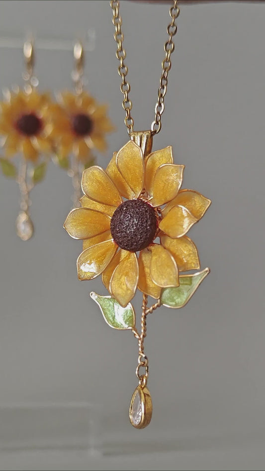 Handmade Sunflower Necklace Resin Jewellery with a Crystal Dangle